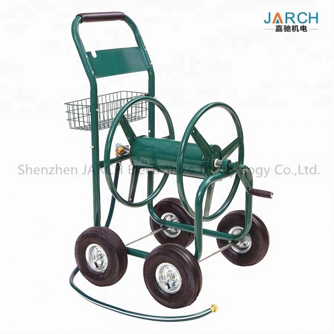 Wolnostojący, ogrodowy, czterokołowy, stalowy wózek do węża ogrodowego, posiadający wężownicę o wysokości 350 stóp i wąż 5/8 cala